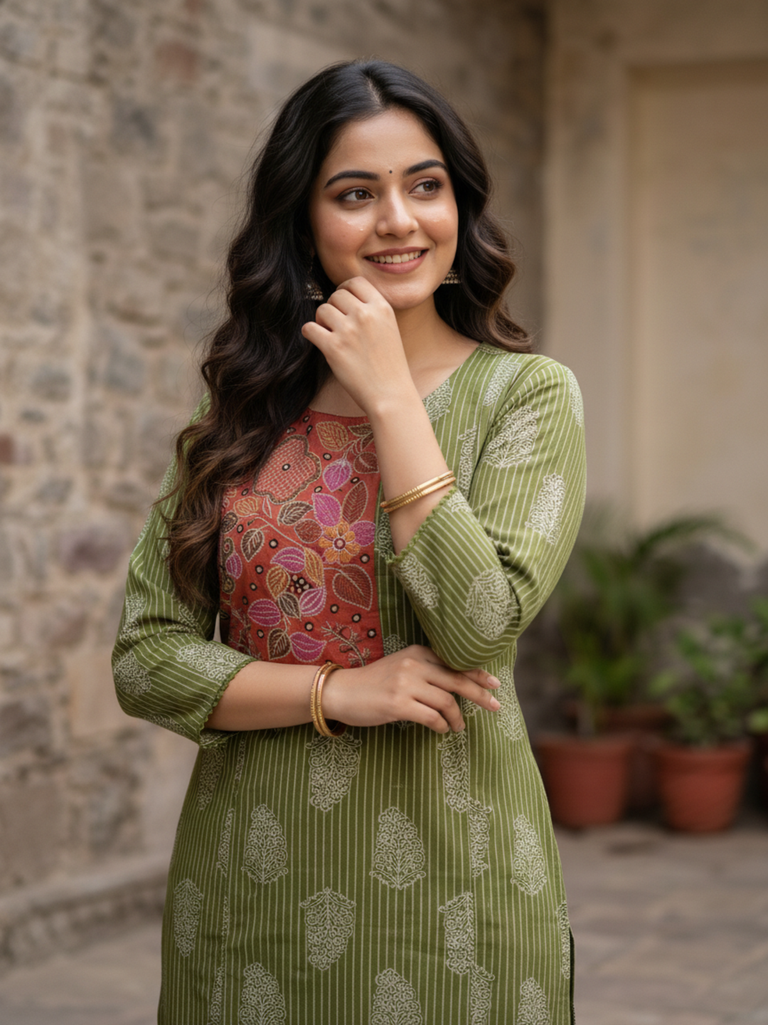 Ethnic Striped Paisley Print Straight Kurta with Palazzo - Green
