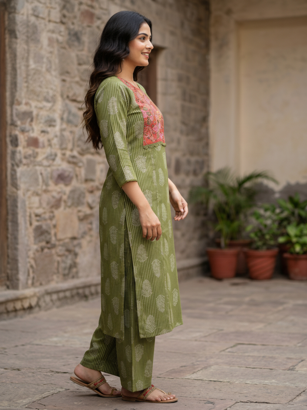Ethnic Striped Paisley Print Straight Kurta with Palazzo - Green