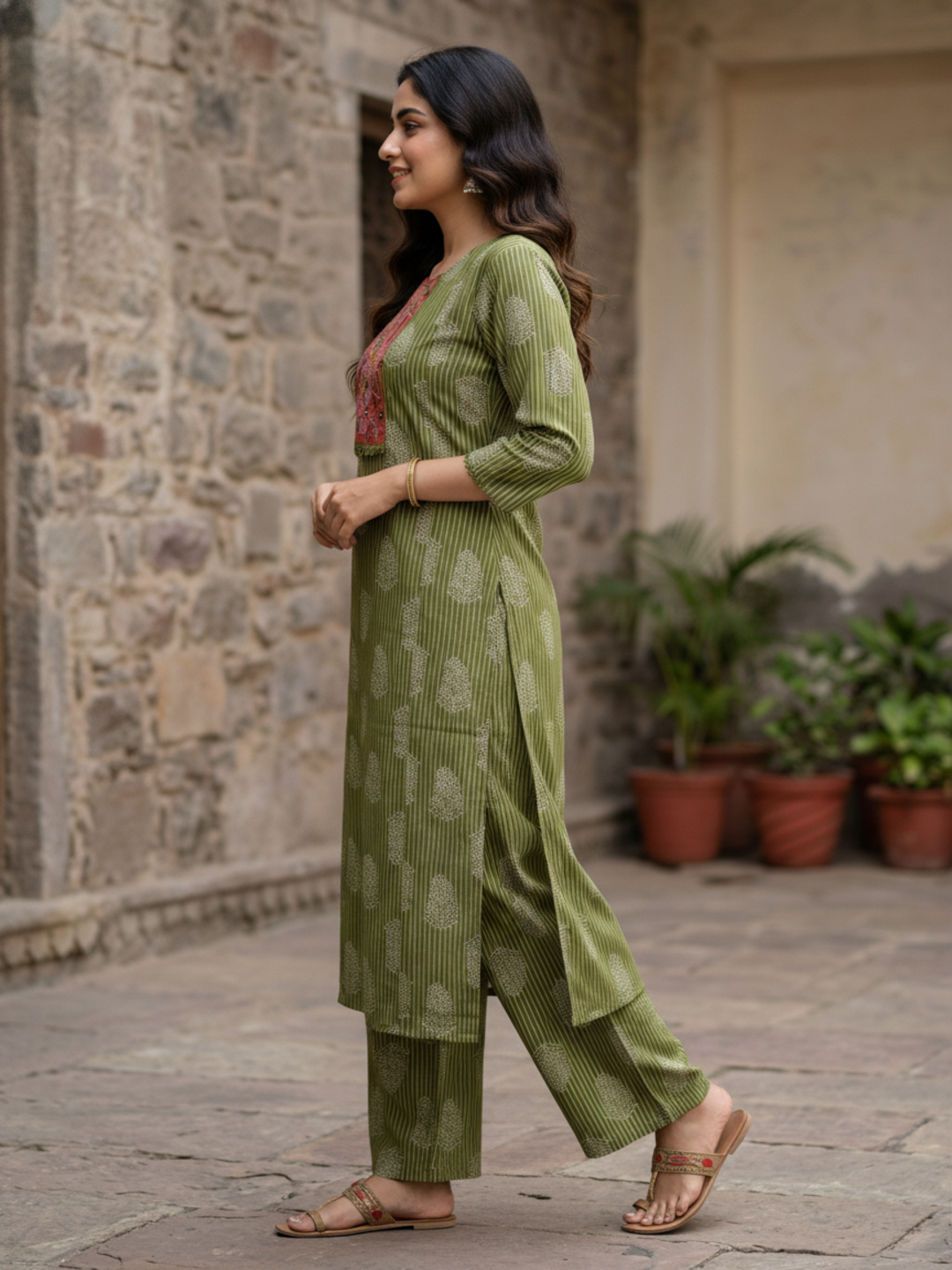 Ethnic Striped Paisley Print Straight Kurta with Palazzo - Green