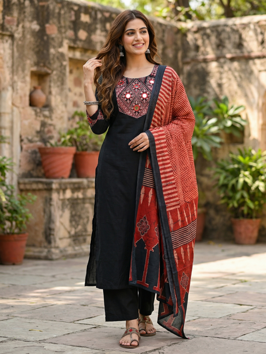 Embroidered Yoke Straight Kurta Set with Pant & Dupatta - Black & Rust Red