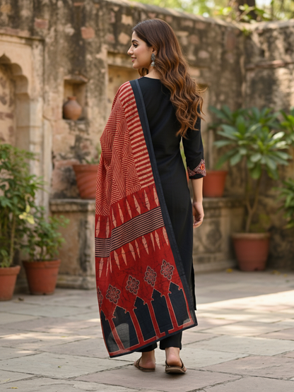 Embroidered Yoke Straight Kurta Set with Pant & Dupatta - Black & Rust Red