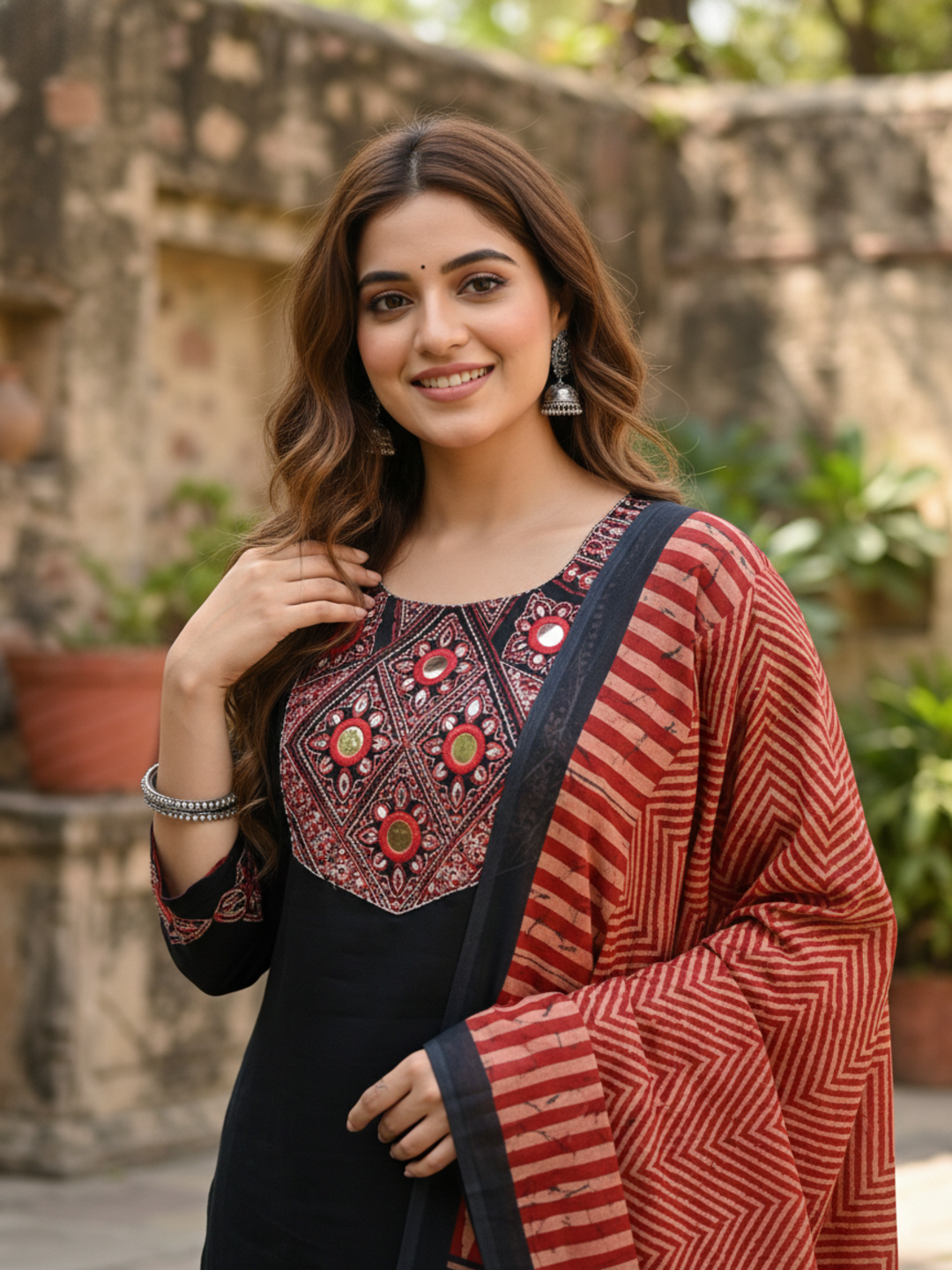 Embroidered Yoke Straight Kurta Set with Pant & Dupatta - Black & Rust Red