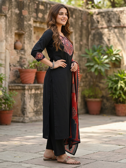 Embroidered Yoke Straight Kurta Set with Pant & Dupatta - Black & Rust Red
