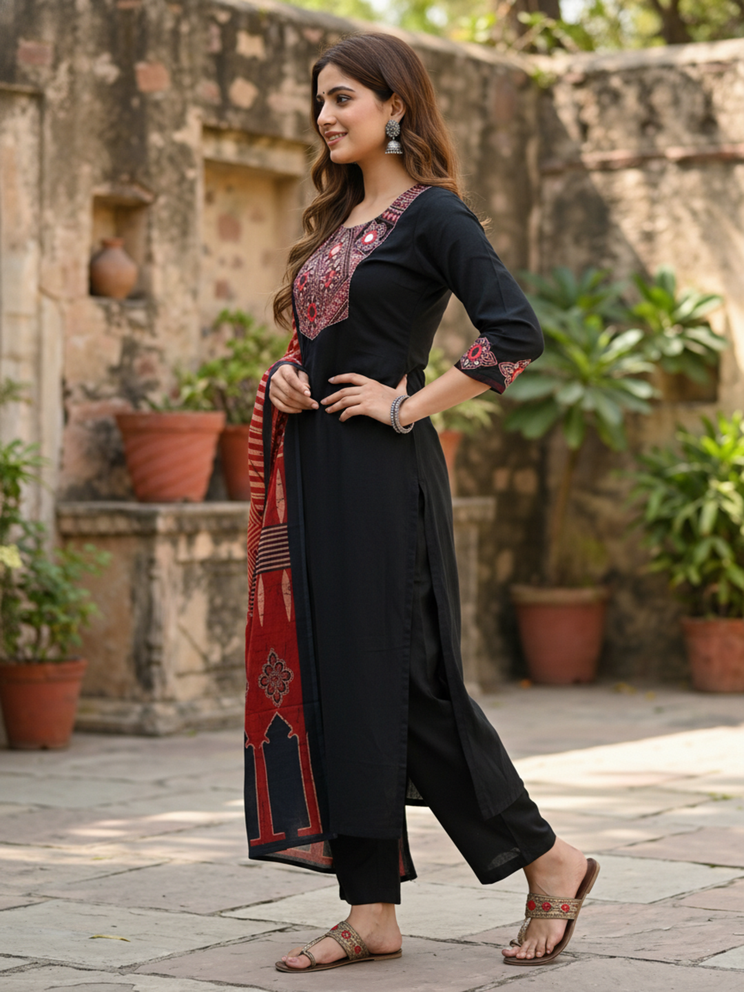 Embroidered Yoke Straight Kurta Set with Pant & Dupatta - Black & Rust Red