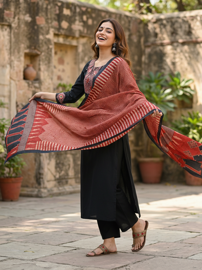 Embroidered Yoke Straight Kurta Set with Pant & Dupatta - Black & Rust Red