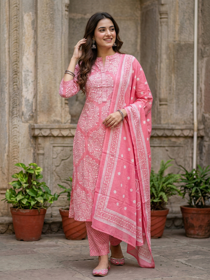Floral Printed Straight Kurta with Pant & Dupatta - Pink
