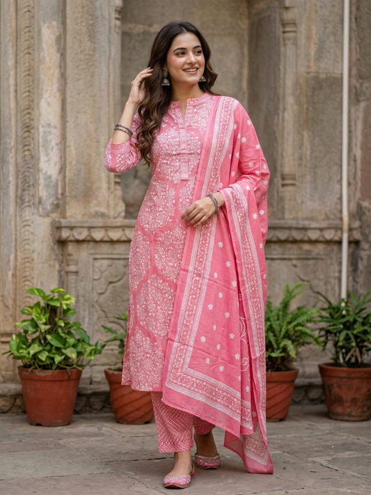 Floral Printed Straight Kurta with Pant & Dupatta - Pink