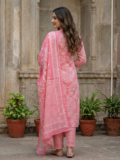 Floral Printed Straight Kurta with Pant & Dupatta - Pink