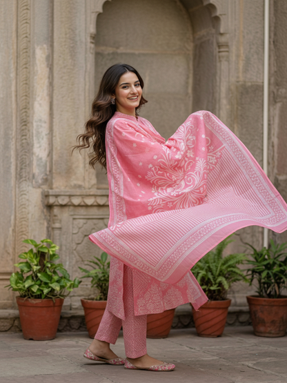 Floral Printed Straight Kurta with Pant & Dupatta - Pink