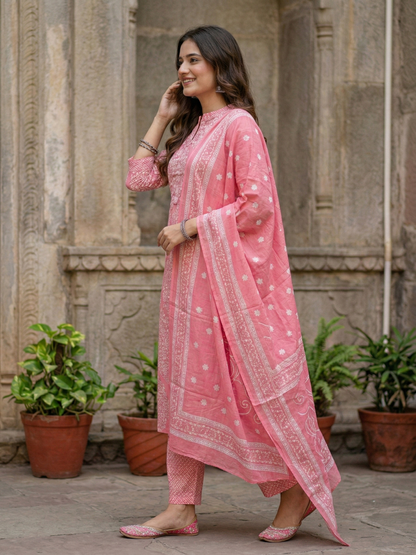 Floral Printed Straight Kurta with Pant & Dupatta - Pink