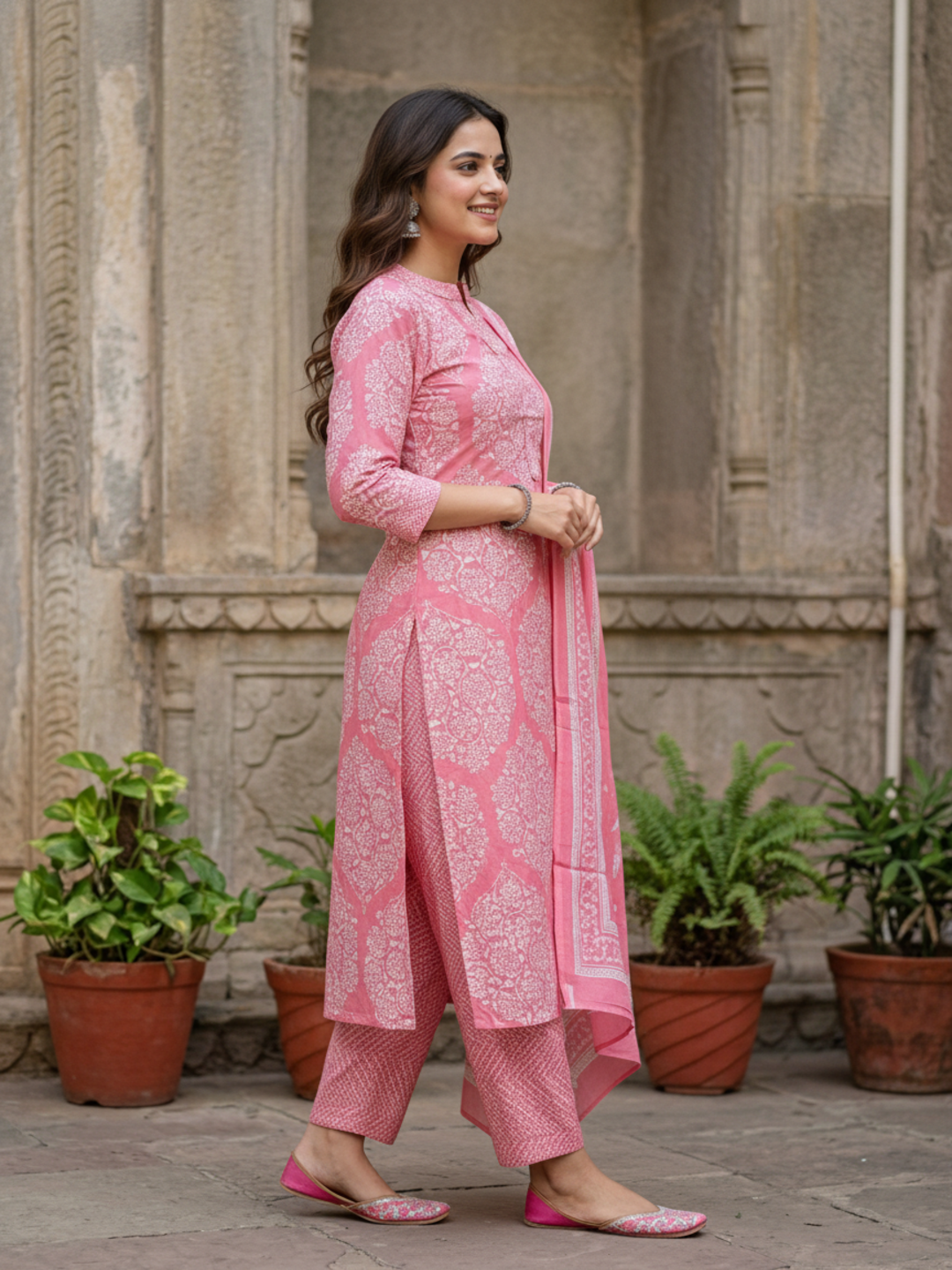 Floral Printed Straight Kurta with Pant & Dupatta - Pink