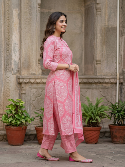 Floral Printed Straight Kurta with Pant & Dupatta - Pink