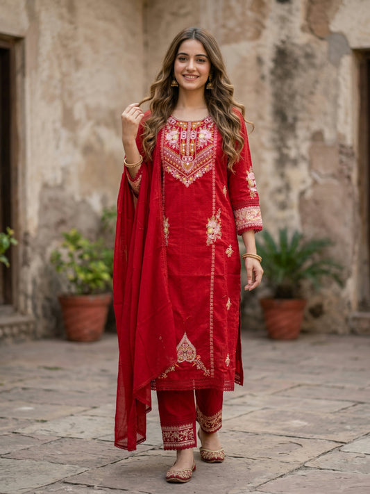 Embroidered Straight Kurta Set with Pant & Dupatta - Festive Red