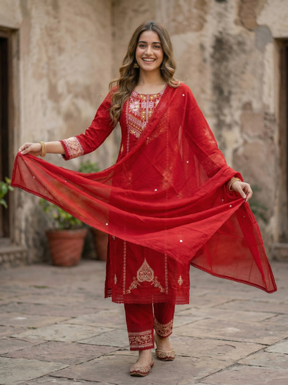 Embroidered Straight Kurta Set with Pant & Dupatta - Festive Red