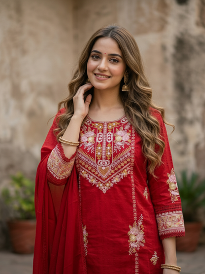 Embroidered Straight Kurta Set with Pant & Dupatta - Festive Red