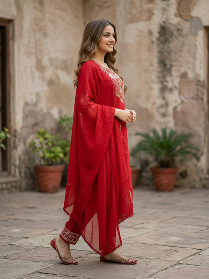 Embroidered Straight Kurta Set with Pant & Dupatta - Festive Red