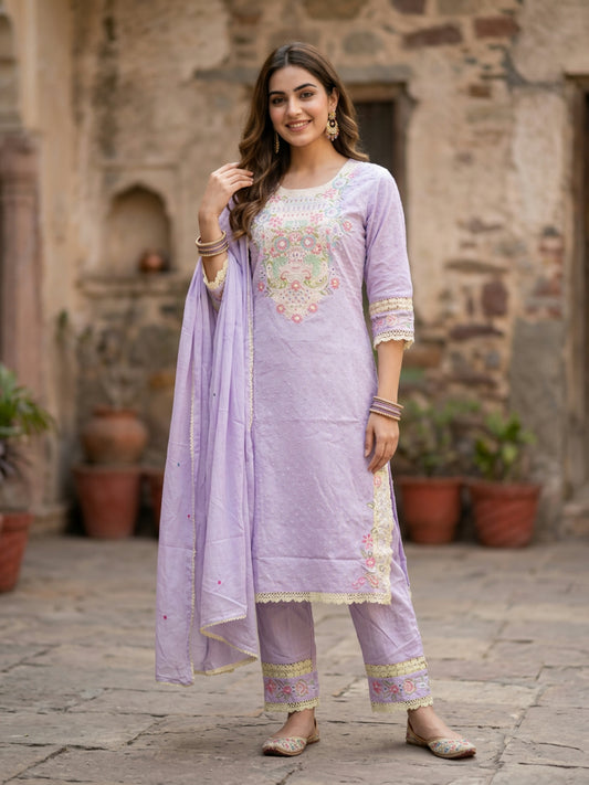 Floral Embroidered Straight Kurta with Pant & Dupatta - Lavender