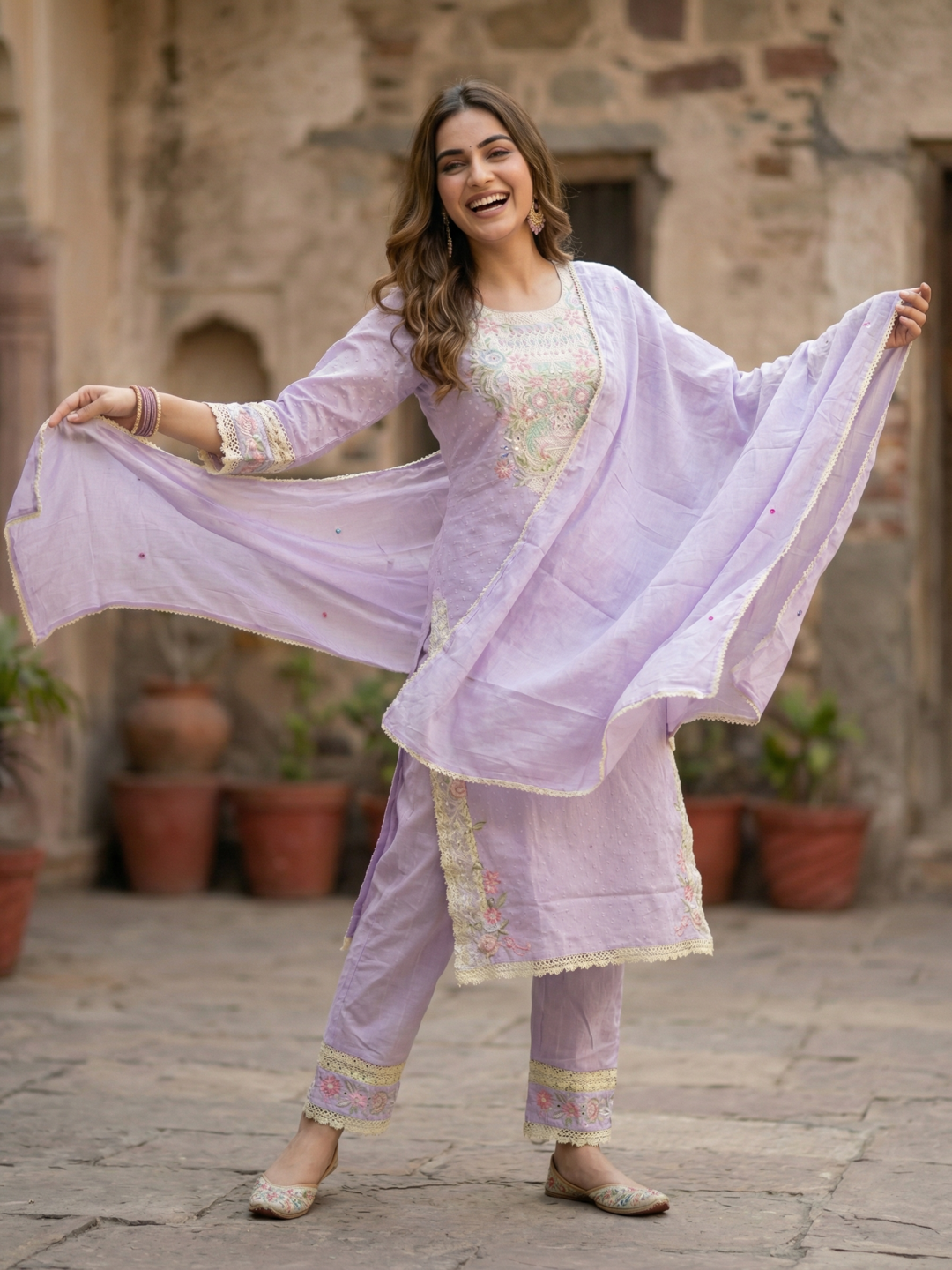Floral Embroidered Straight Kurta with Pant & Dupatta - Lavender