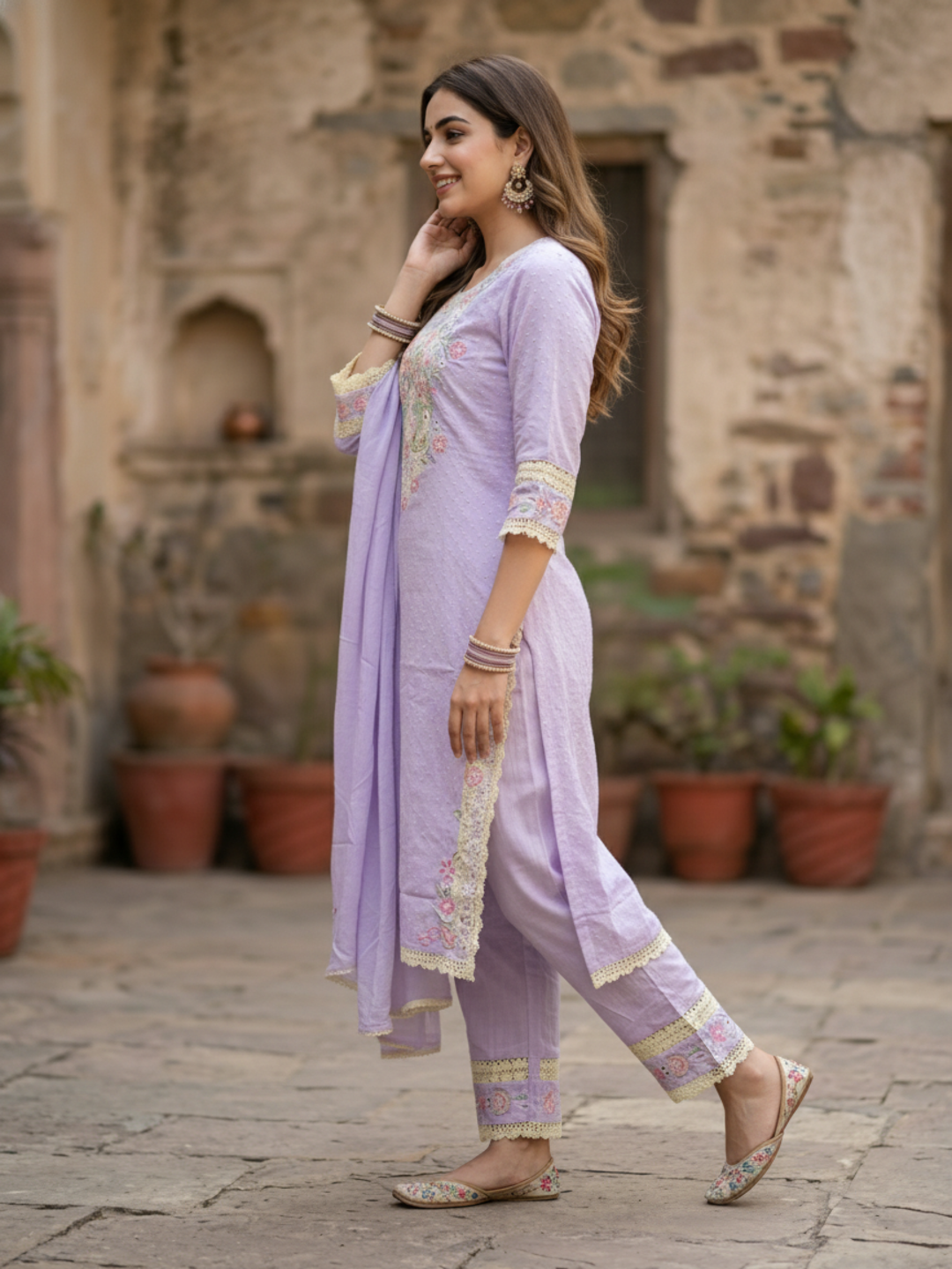 Floral Embroidered Straight Kurta with Pant & Dupatta - Lavender