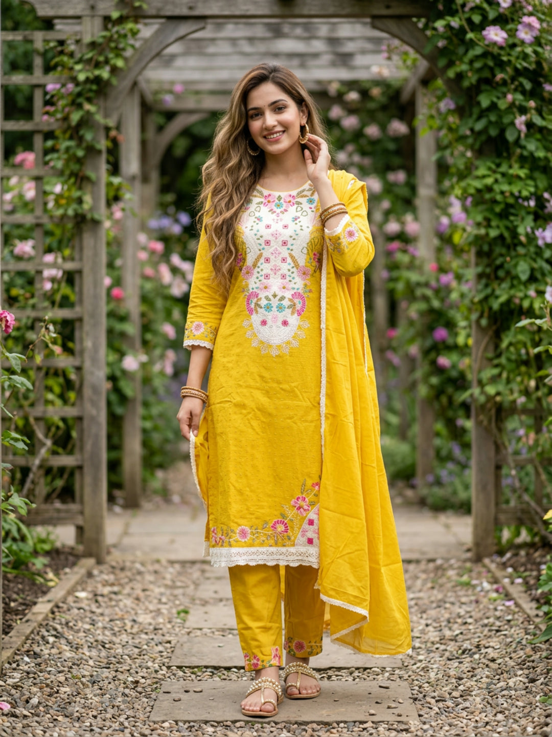 Solid Schiffili & Floral Embroidered Straight Kurta with Palazzo & Dupatta - Yellow