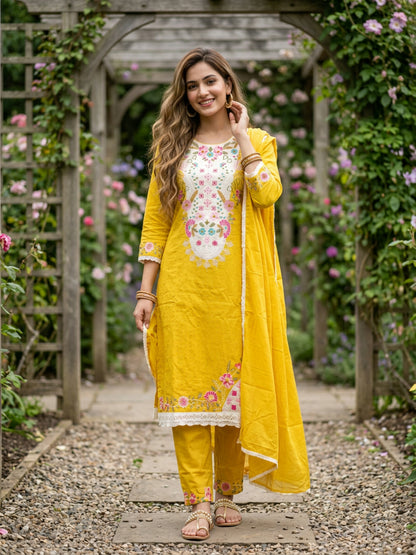 Solid Schiffili & Floral Embroidered Straight Kurta with Palazzo & Dupatta - Yellow