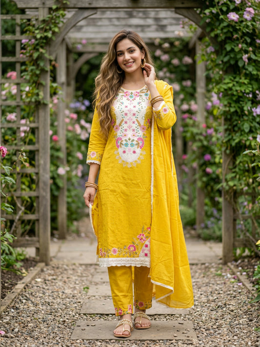 Solid Schiffili & Floral Embroidered Straight Kurta with Palazzo & Dupatta - Yellow