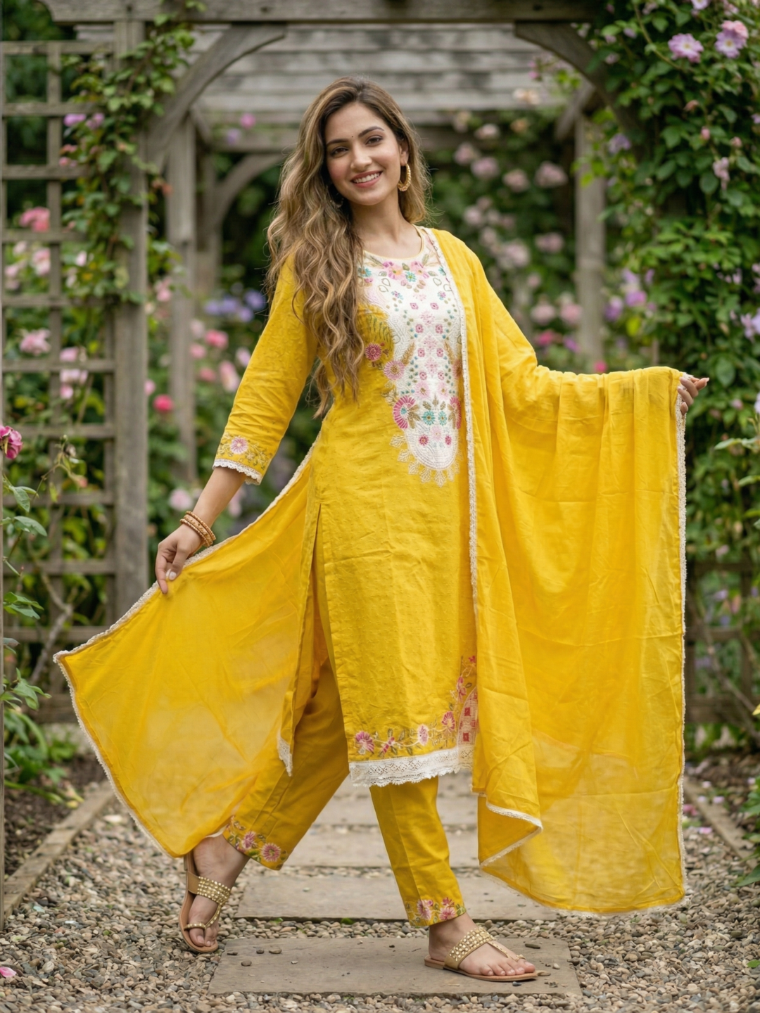Solid Schiffili & Floral Embroidered Straight Kurta with Palazzo & Dupatta - Yellow
