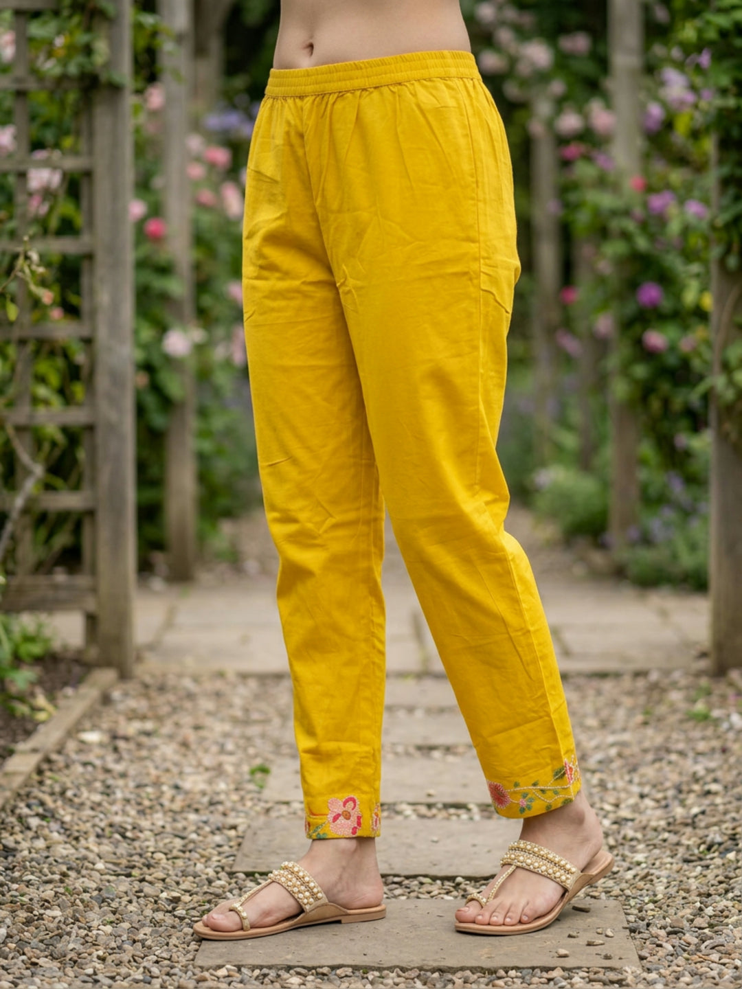 Solid Schiffili & Floral Embroidered Straight Kurta with Palazzo & Dupatta - Yellow