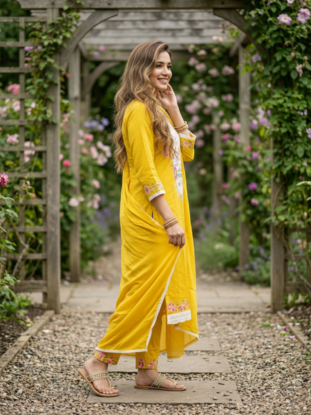 Solid Schiffili & Floral Embroidered Straight Kurta with Palazzo & Dupatta - Yellow