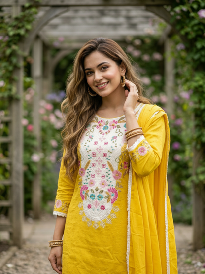 Solid Schiffili & Floral Embroidered Straight Kurta with Palazzo & Dupatta - Yellow