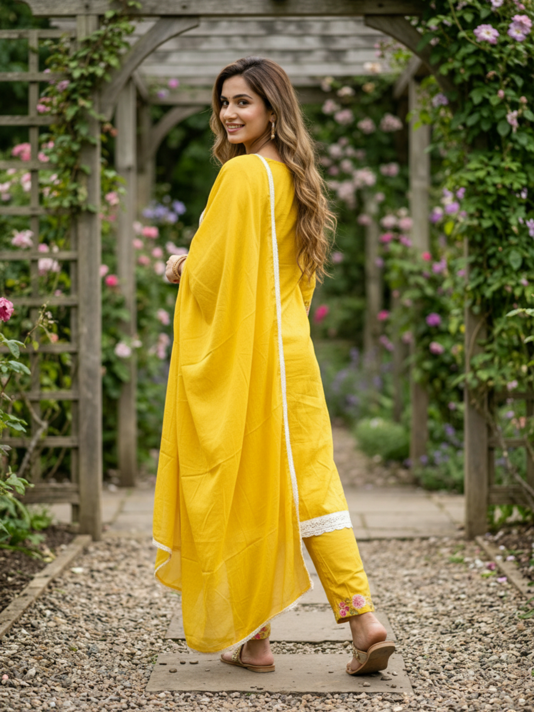 Solid Schiffili & Floral Embroidered Straight Kurta with Palazzo & Dupatta - Yellow