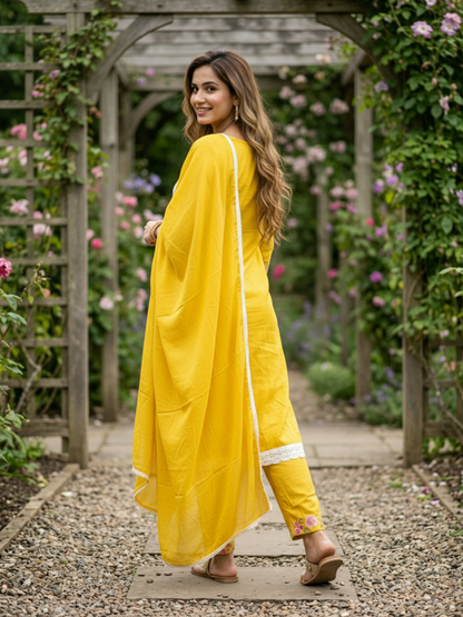 Solid Schiffili & Floral Embroidered Straight Kurta with Palazzo & Dupatta - Yellow