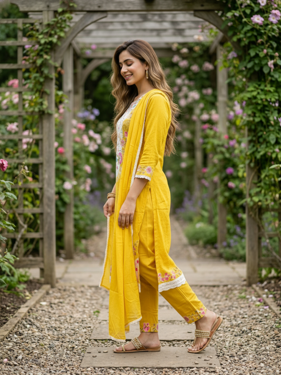Solid Schiffili & Floral Embroidered Straight Kurta with Palazzo & Dupatta - Yellow