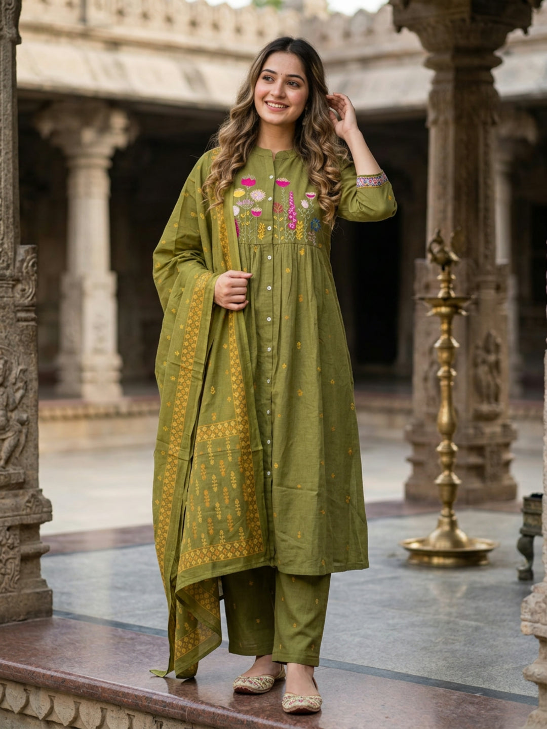 Ethnic Buta Print Embroidered A-Line Kurta with Palazzo & Dupatta - Green