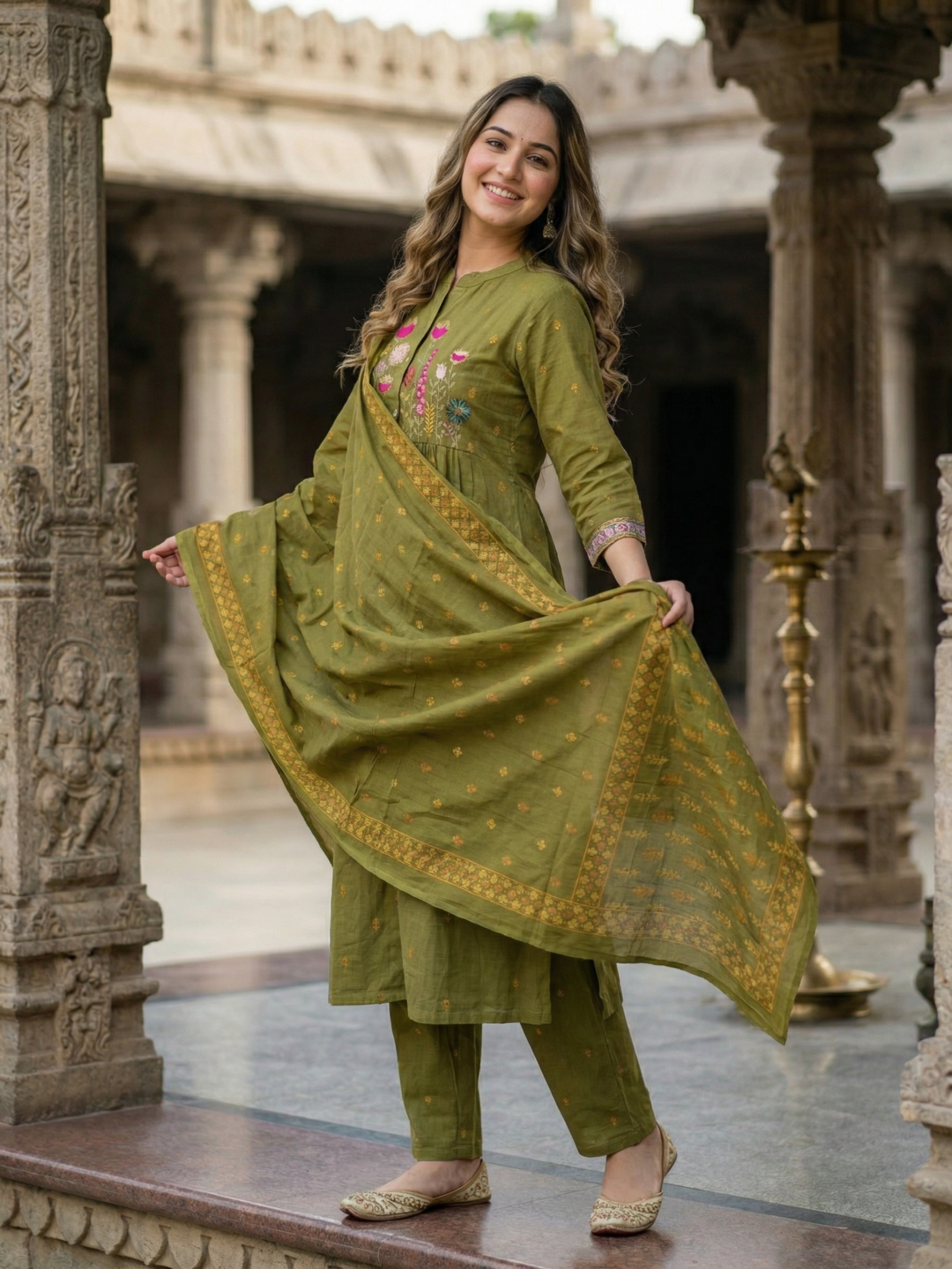 Ethnic Buta Print Embroidered A-Line Kurta with Palazzo & Dupatta - Green