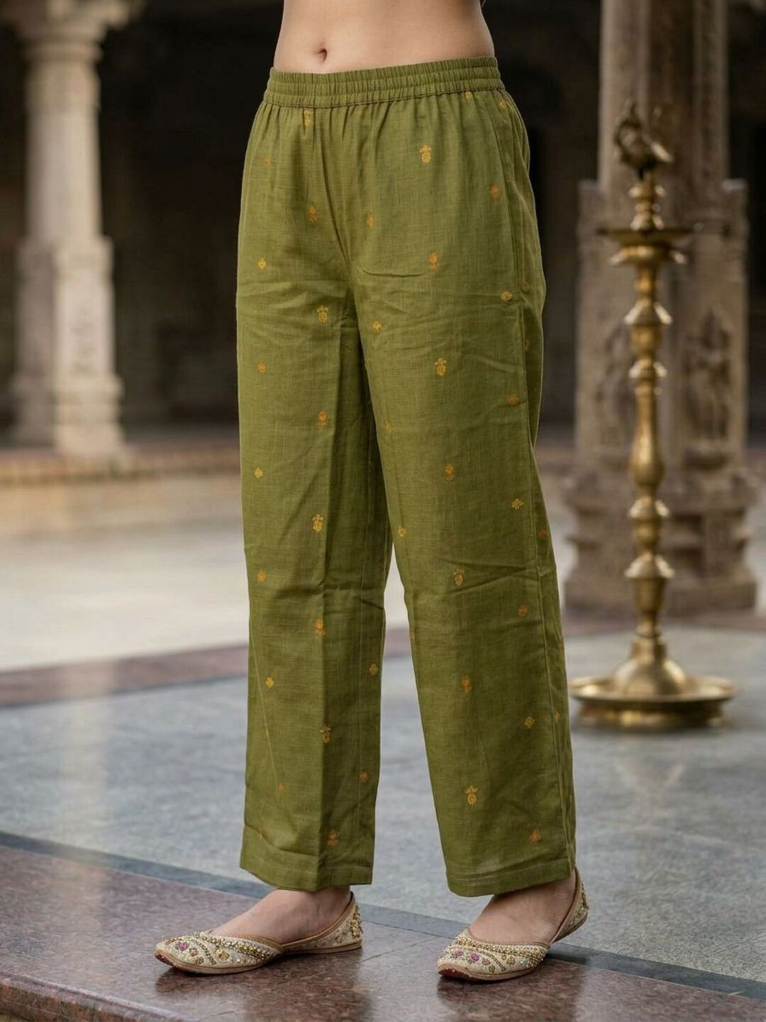Ethnic Buta Print Embroidered A-Line Kurta with Palazzo & Dupatta - Green
