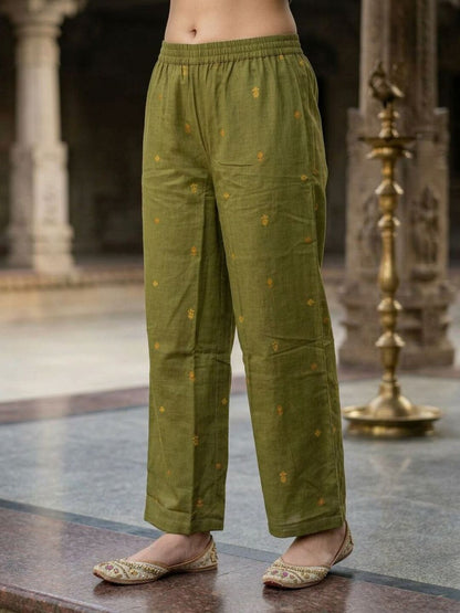 Ethnic Buta Print Embroidered A-Line Kurta with Palazzo & Dupatta - Green