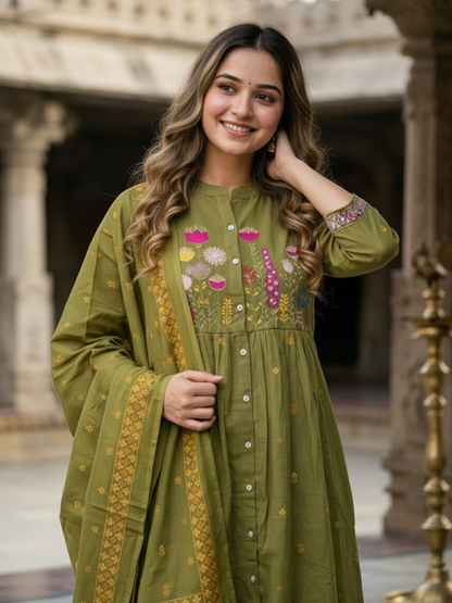Ethnic Buta Print Embroidered A-Line Kurta with Palazzo & Dupatta - Green