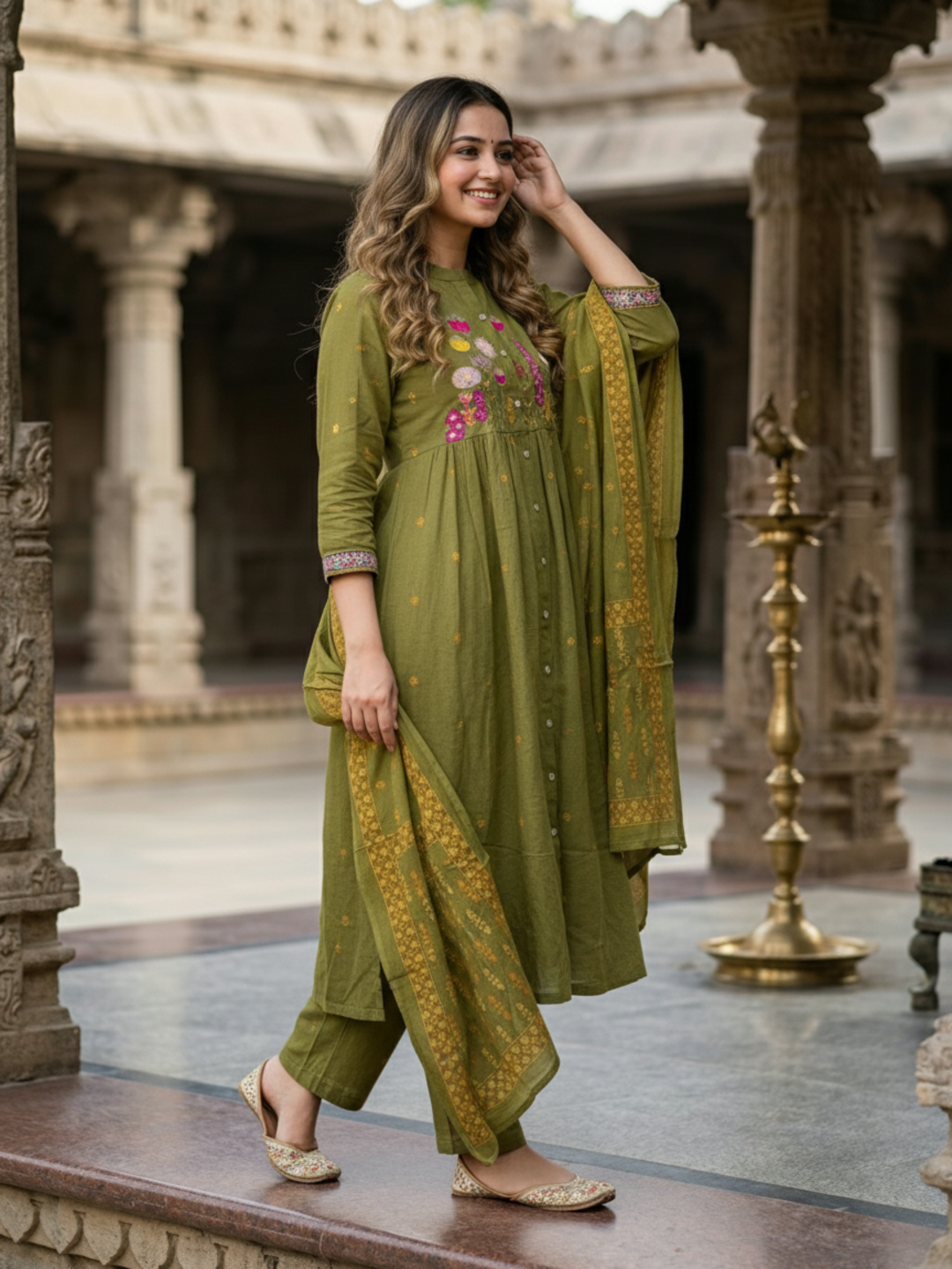 Ethnic Buta Print Embroidered A-Line Kurta with Palazzo & Dupatta - Green