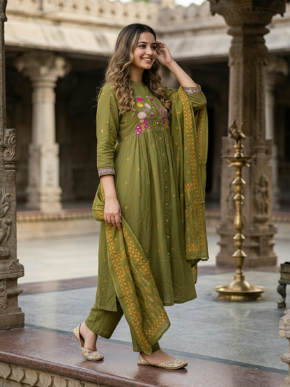 Ethnic Buta Print Embroidered A-Line Kurta with Palazzo & Dupatta - Green