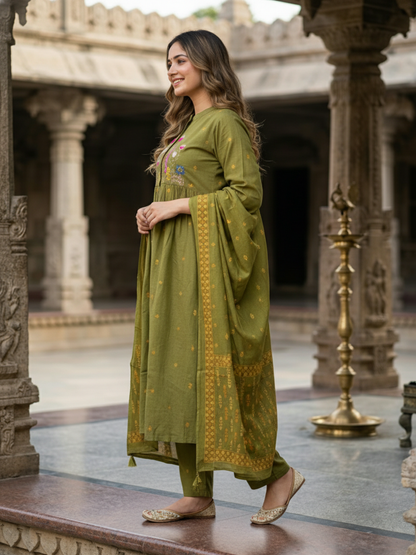 Ethnic Buta Print Embroidered A-Line Kurta with Palazzo & Dupatta - Green