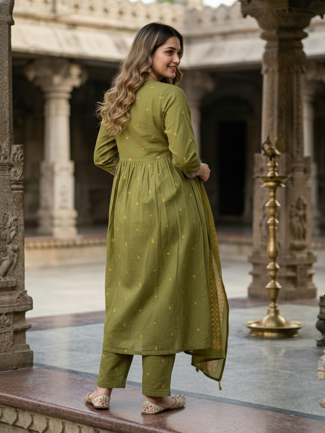 Ethnic Buta Print Embroidered A-Line Kurta with Palazzo & Dupatta - Green