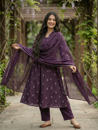 Solid Floral Embroidered A-Line Kurta with Pant & Dupatta - Purple