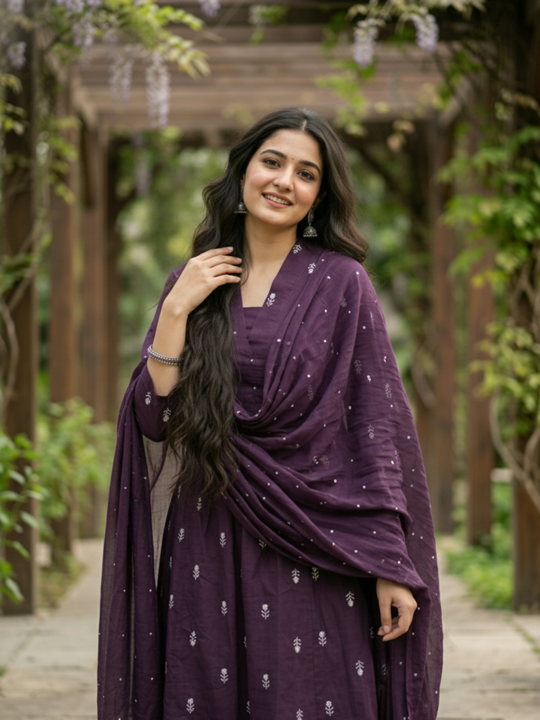 Solid Floral Embroidered A-Line Kurta with Pant & Dupatta - Purple