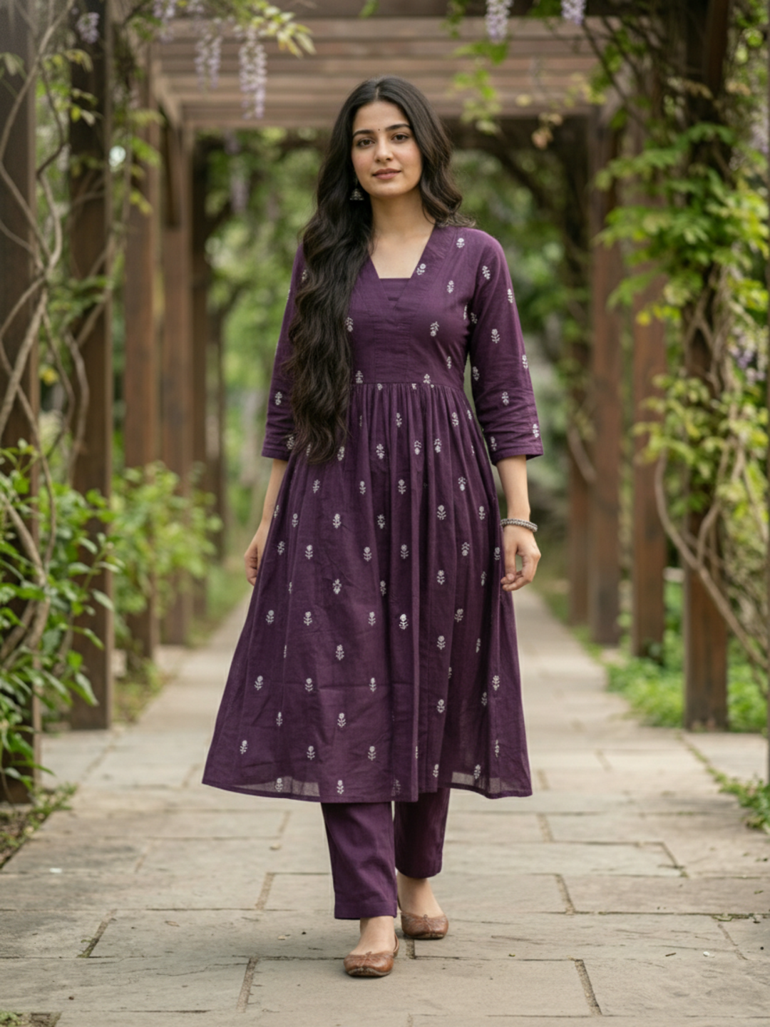 Solid Floral Embroidered A-Line Kurta with Pant & Dupatta - Purple