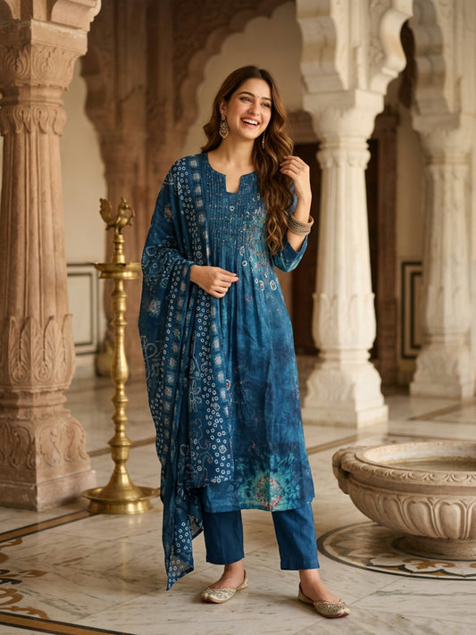 Bandhani Printed A-Line Kurta with Palazzo & Dupatta - Navy Blue