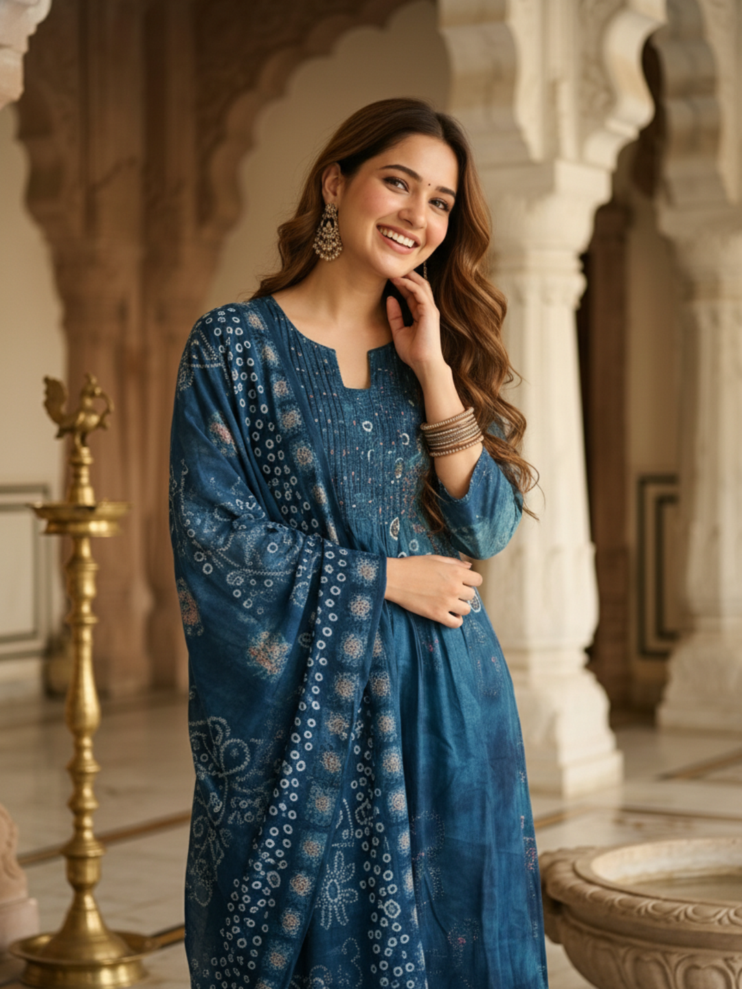 Bandhani Printed A-Line Kurta with Palazzo & Dupatta - Navy Blue