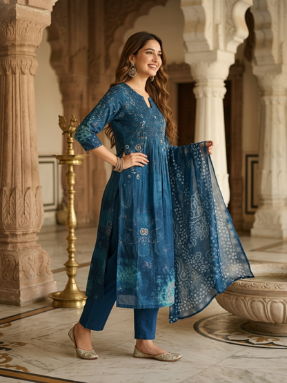 Bandhani Printed A-Line Kurta with Palazzo & Dupatta - Navy Blue