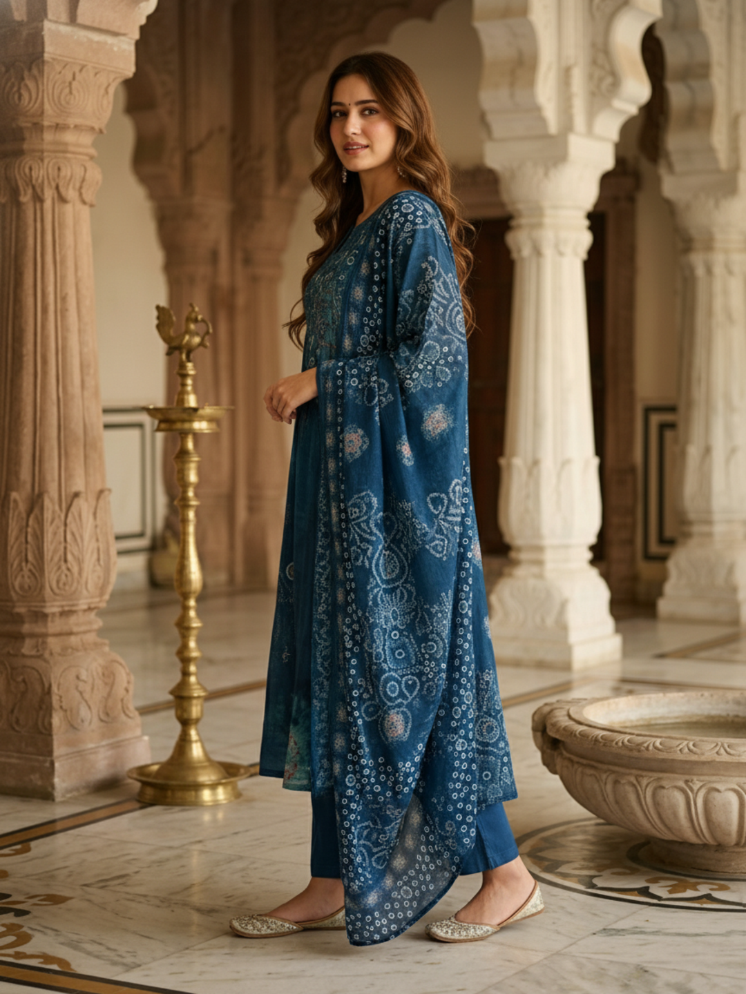 Bandhani Printed A-Line Kurta with Palazzo & Dupatta - Navy Blue
