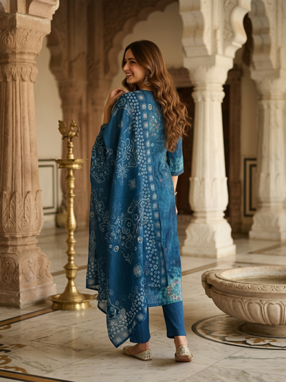 Bandhani Printed A-Line Kurta with Palazzo & Dupatta - Navy Blue
